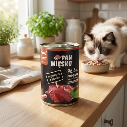 Pan Mięsko Karma mokra dla kota 400 g – bezzbożowa, hipoalergiczna, wieprzowina z jeleniem