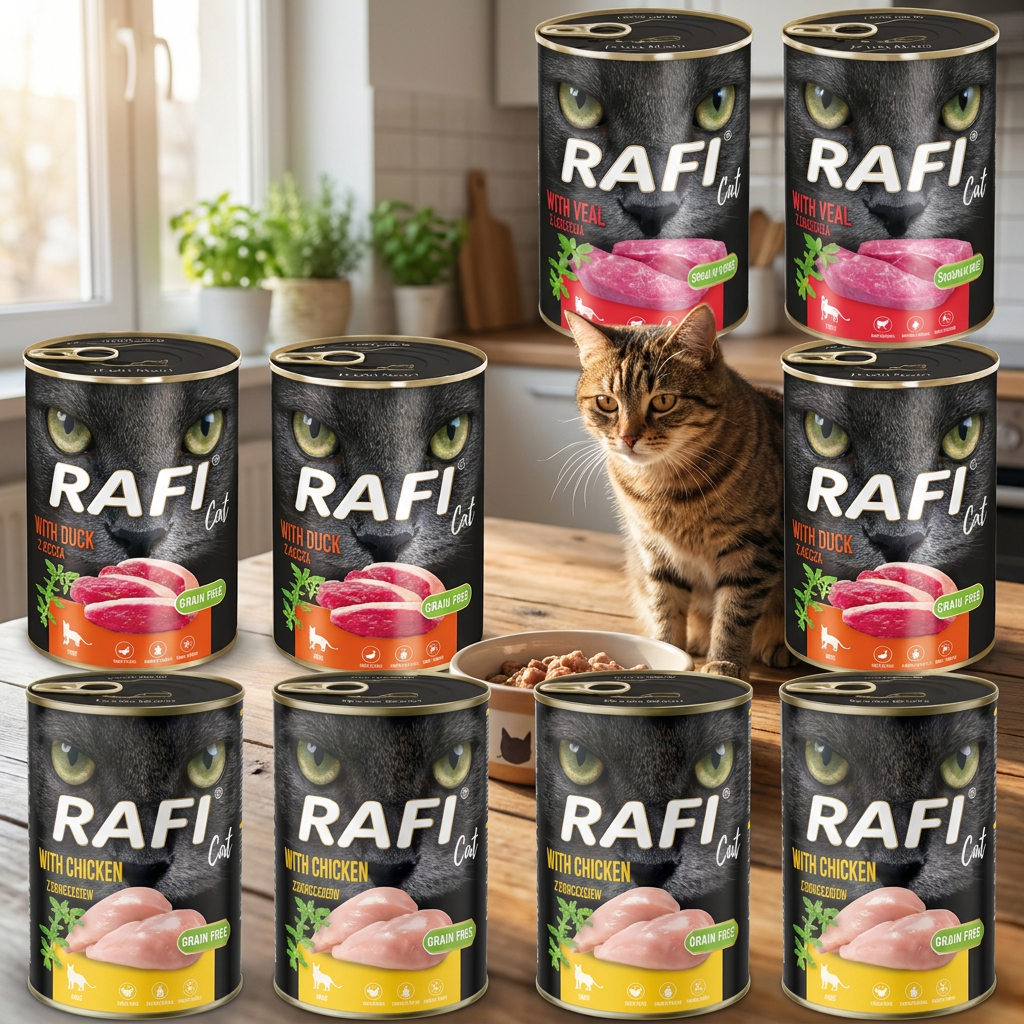Rafi Cat mokra karma dla kota bezzbożowa 12 x 400 g w puszkach – mix 3 smaków