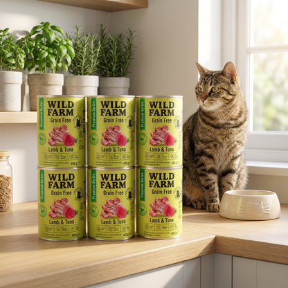 Wild Farm mokra karma dla kota sterylizowanego bezzbożowa jagnięcina i tuńczyk – 6x400 g