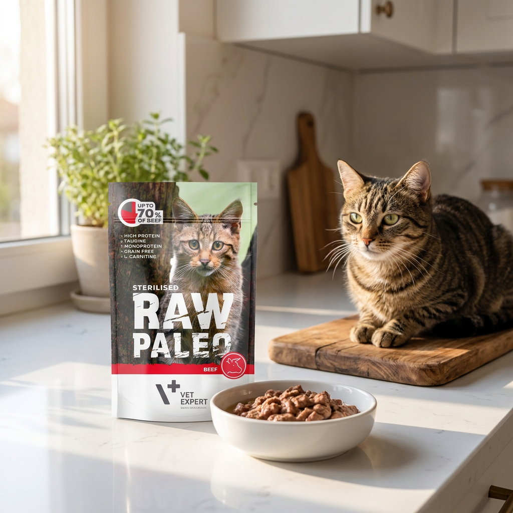 Raw Paleo mokra karma dla kota sterylizowanego z wołowiną 12 x 100 g – bezzbożowa, saszetki