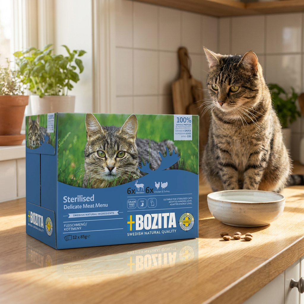 Bozita Sterilised mokra karma dla kota 12 x 85 g bezzbożowa w sosie – kurczak i renifer