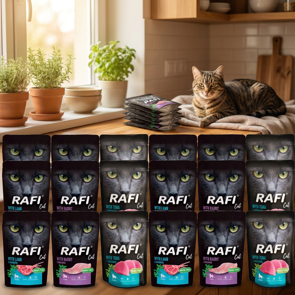 Rafi Cat mokra karma dla kotów sterylizowanych 30 x 100 g bezzbożowa – mix 3 smaków