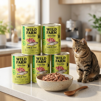 Wild Farm Premium Grain Free mokra karma dla kota bezzbożowa 6x400 g – jagnięcina i pstrąg