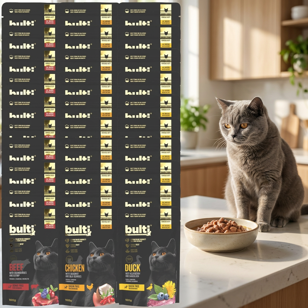 Bulti Superfoods mokra karma dla kota bezzbożowa 30 x 100 g – mix smaków kaczka, kurczak, wołowina