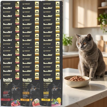 Bulti Superfoods mokra karma dla kota bezzbożowa 30 x 100 g – mix smaków kaczka, kurczak, wołowina