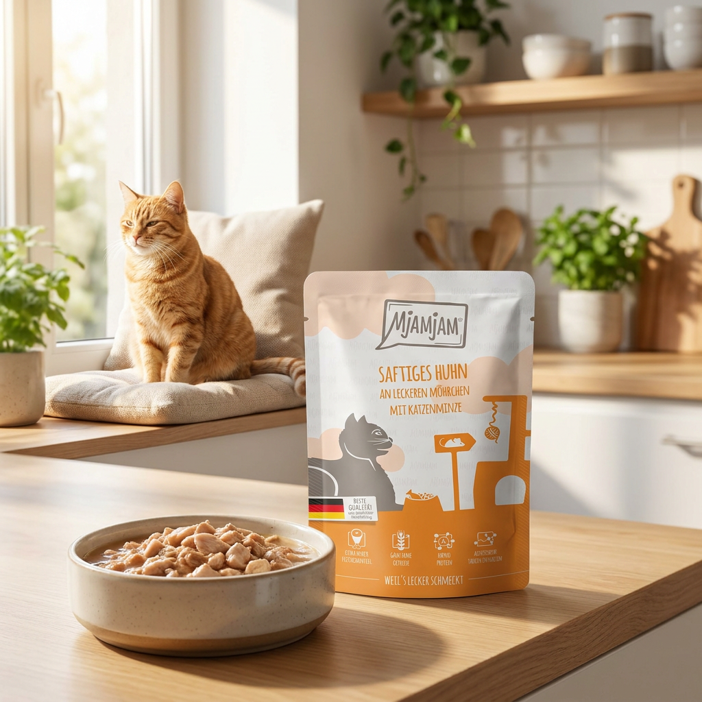 Mjamjam karma mokra dla kota z kurczakiem 125 g – bezzbożowa saszetka, 71% mięsa