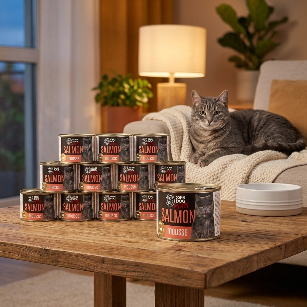 John Dog for Cats karma mokra dla kota mus z łososiem 12x200 g – bezzbożowa, puszki