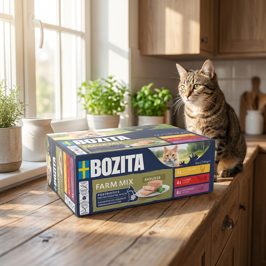 Bozita mokra karma dla kota mus w puszkach 12x85 g bez zbóż – mix smaków z farmy