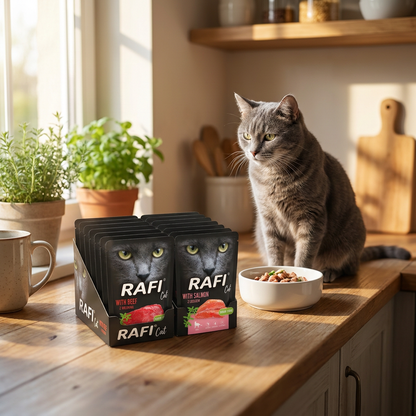 Rafi Mokra karma dla kota bezzbożowa 20 x 300 g – mix smaków łosoś i wołowina