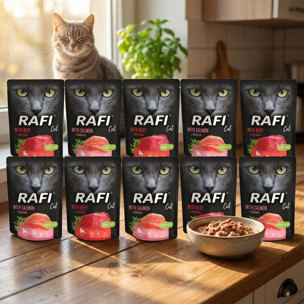Rafi mokra karma dla kota bezzbożowa 10 x 300 g – mix smaków łosoś i wołowina