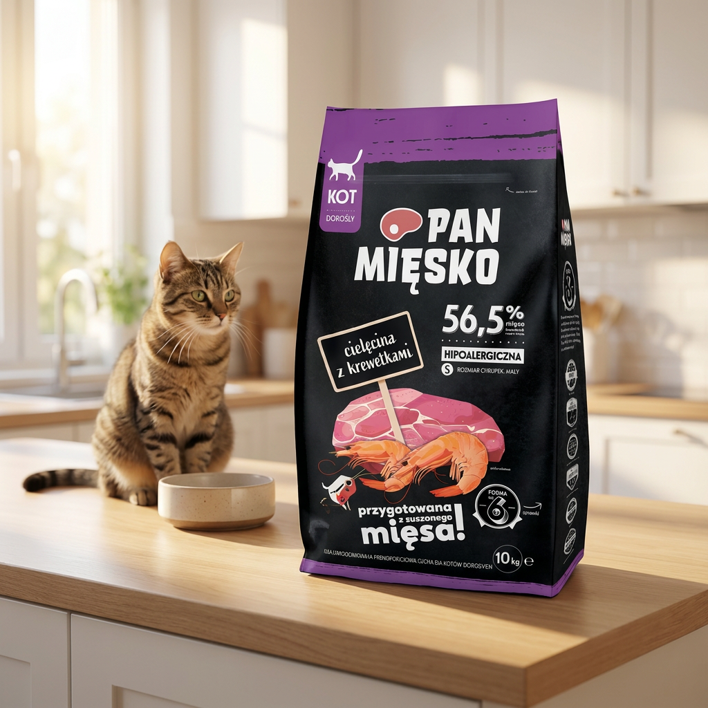 Pan Mięsko Karma sucha dla kota bezzbożowa 10 kg, małe chrupki S – cielęcina z krewetkami