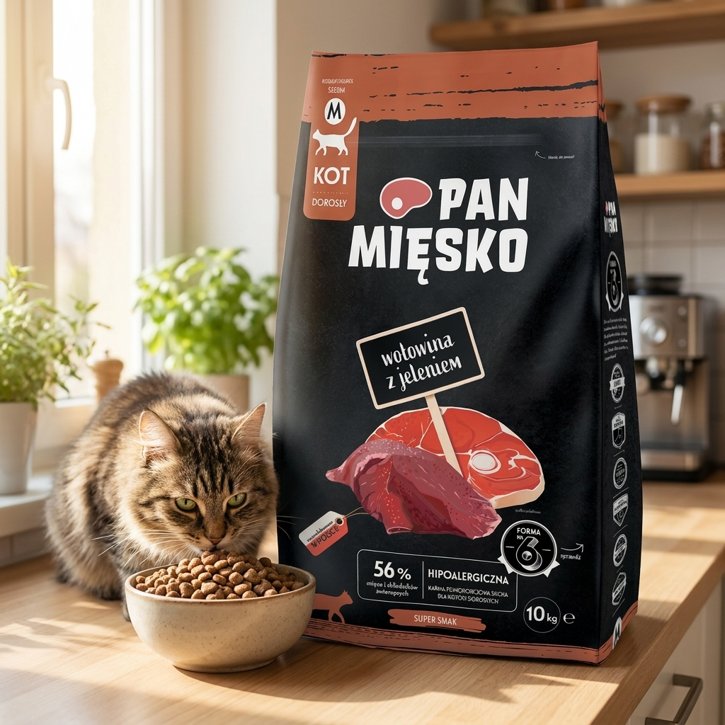 Pan Mięsko Karma sucha dla kota bezzbożowa, hipoalergiczna 10 kg – wołowina z jeleniem, chrupki M