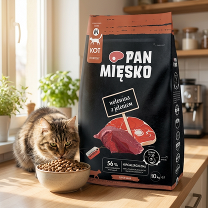 Pan Mięsko Karma sucha dla kota bezzbożowa, hipoalergiczna 10 kg – wołowina z jeleniem, chrupki M
