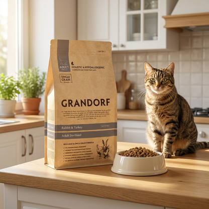 Grandorf sucha karma dla kota sterylizowanego 8 kg – bezzbożowa, 70% mięsa, królik z indykiem