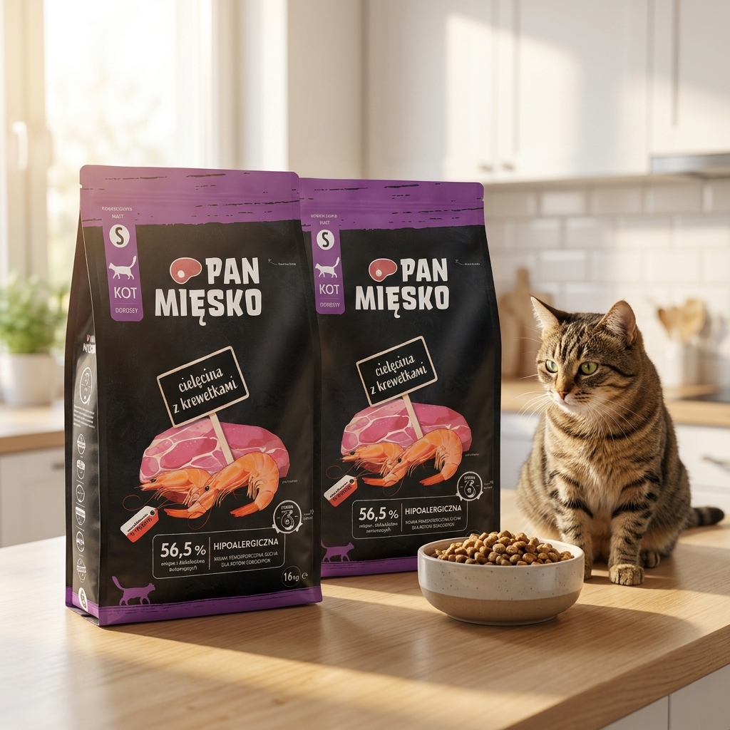 Pan Mięsko sucha karma dla kota bezzbożowa 2 x 1,6 kg – cielęcina z krewetkami, chrupki S