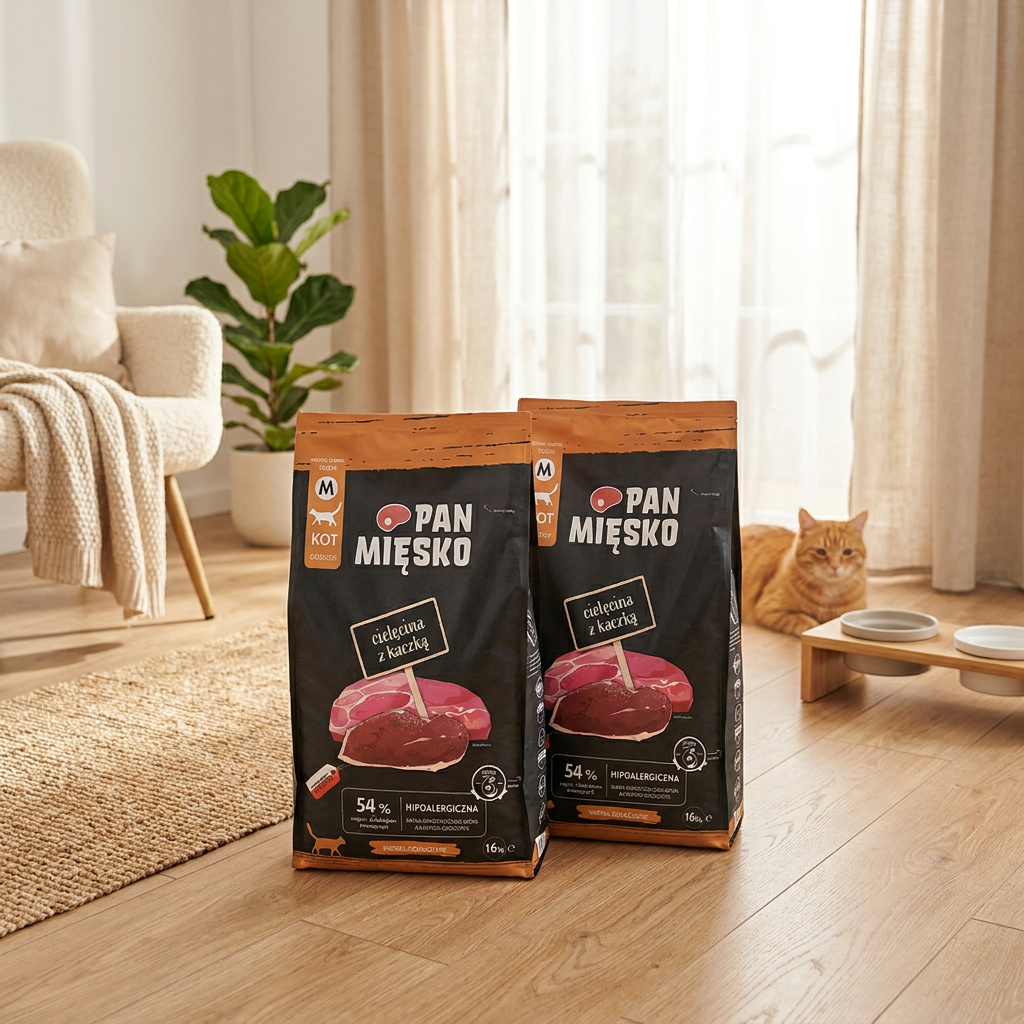 Pan Mięsko sucha karma dla kota cielęcina z kaczką, granulat M – 2 x 1,6 kg