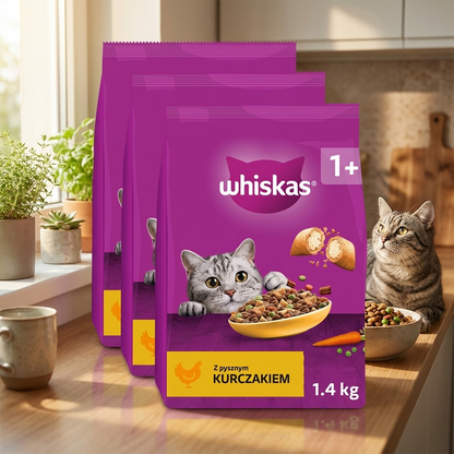 Whiskas sucha karma dla kota z kurczakiem 3 x 1,4 kg – dla dorosłych kotów, z tauryną