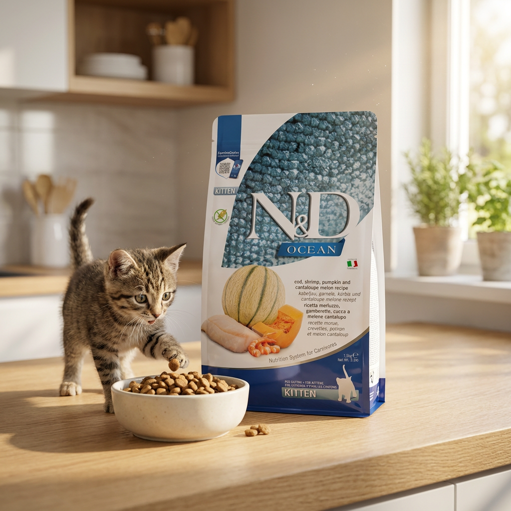 Farmina N&D Ocean Kitten sucha karma dla kociąt 1,5 kg – bezzbożowa, dorsz i krewetka
