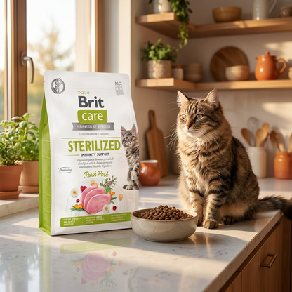 Brit Care sucha karma dla kota sterylizowanego 2 kg – bezzbożowa z probiotykiem, wieprzowina