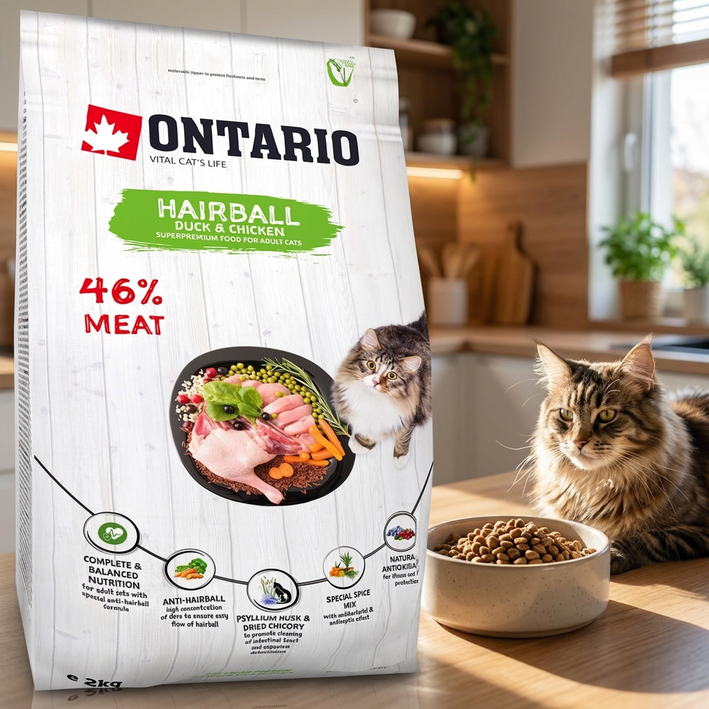Ontario Cat Hairball sucha karma odkłaczająca dla kotów 2 kg – bezzbożowa, kaczka z kurczakiem