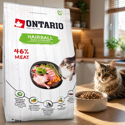 Ontario Cat Hairball sucha karma odkłaczająca dla kotów 2 kg – bezzbożowa, kaczka z kurczakiem
