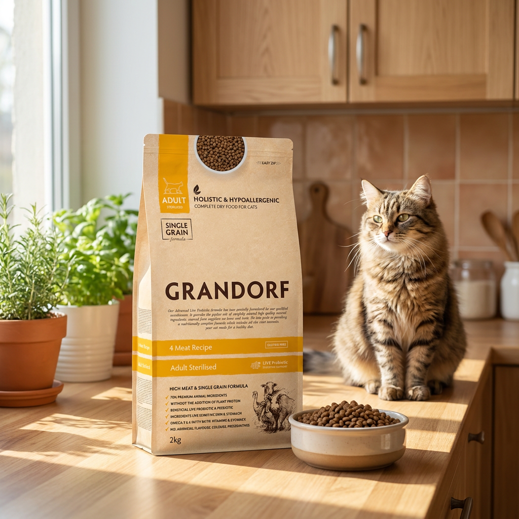Grandorf Karma sucha dla kota sterylizowanego 2 kg bez zbóż, 4 mięsa z probiotykiem