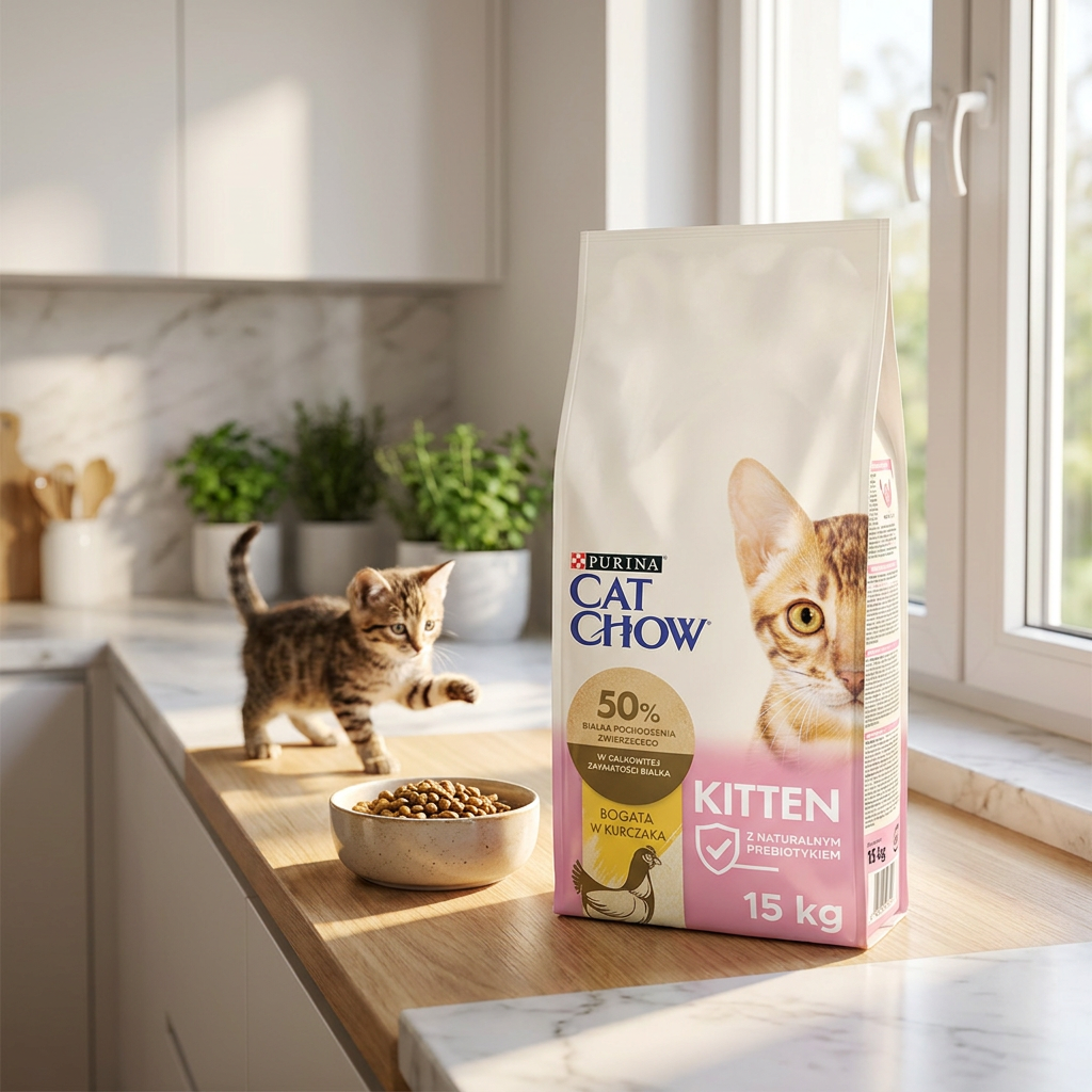 Cat Chow Kitten karma sucha dla kociąt z kurczakiem 15 kg – z DHA i prebiotykiem