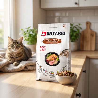Ontario sucha karma dla kota sterylizowanego 7+ z kurczakiem i łososiem 2 kg – senior