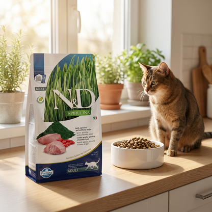 Farmina N&D Spirulina Lamb sucha karma dla dorosłych kotów bezzbożowa 1,5 kg – jagnięcina