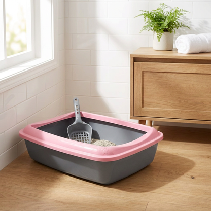 FloraZoo Kuweta otwarta dla kota 50 x 37 x 13,5 cm z ramką i łopatką – szara z kolorową ramką