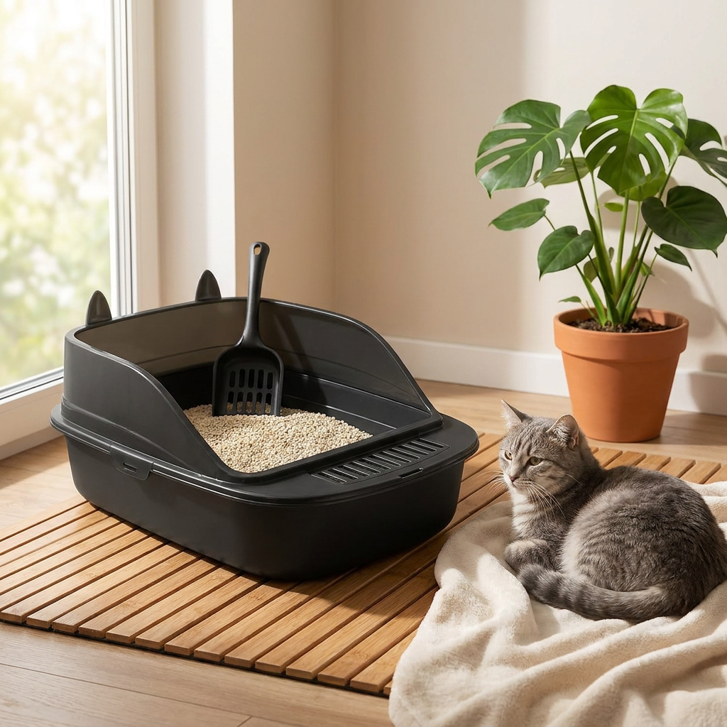 Anytech Duża kuweta dla kota otwarta 49 x 36 x 18 cm z łopatką i ramą – czarna
