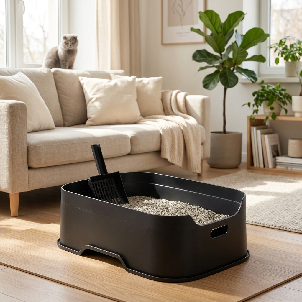 Pet Nova Kuweta dla kota otwarta 48 x 37 x 15 cm z wysokim rantem i łopatką – czarna