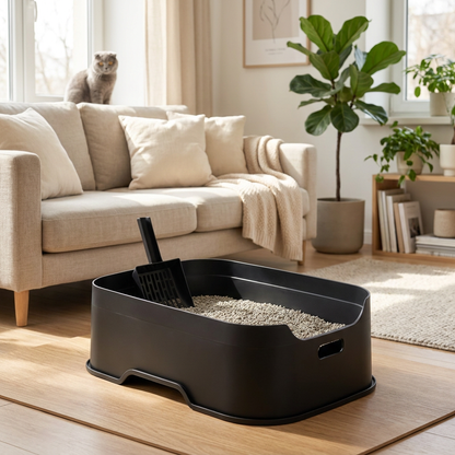Pet Nova Kuweta dla kota otwarta 48 x 37 x 15 cm z wysokim rantem i łopatką – czarna
