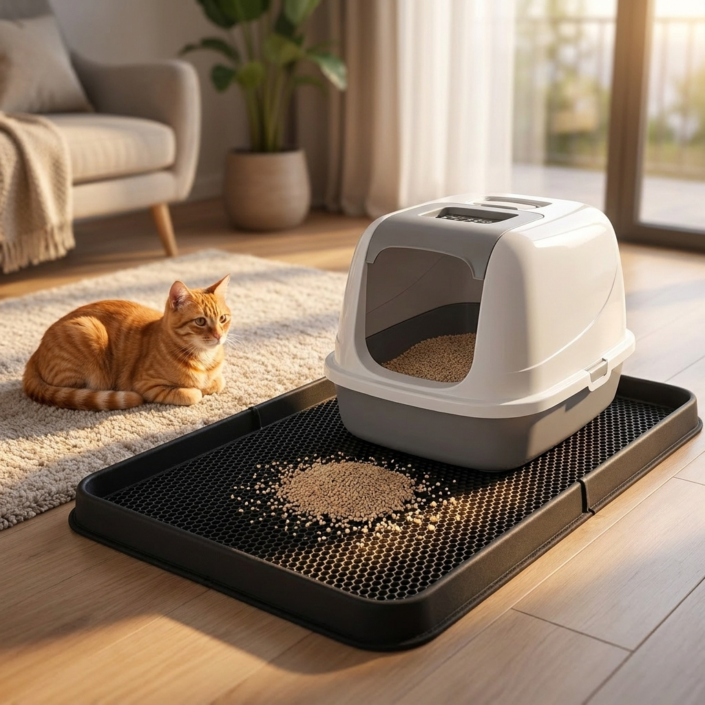 Mata pod kuwetę dla kota 75 x 55 cm dwuwarstwowa z sitem na żwirek, wodoodporna – czarna