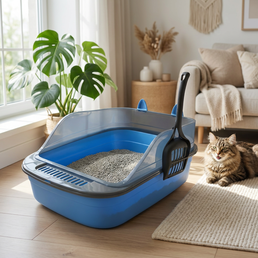 Anytech Duża kuweta dla kota otwarta 49 x 36 x 18 cm z ramą i łopatką – niebieska