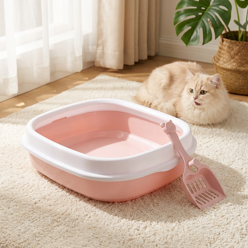 GLOBANI Kuweta otwarta dla kota 47 x 39 x 13 cm z łopatką, tworzywo PP – różowa z białym