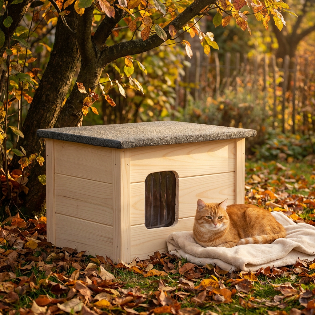 Ocieplana budka dla kota 57 x 47 x 48 cm z drewna świerkowego, wodoodporna – niemalowana