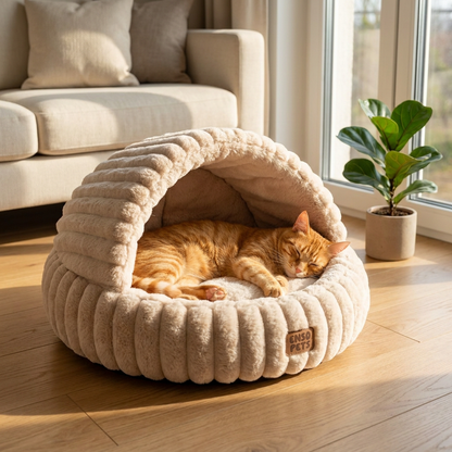 Enso Pets Legowisko dla kota z kapturem 50,8 cm, pluszowe, antypoślizgowe – beżowe