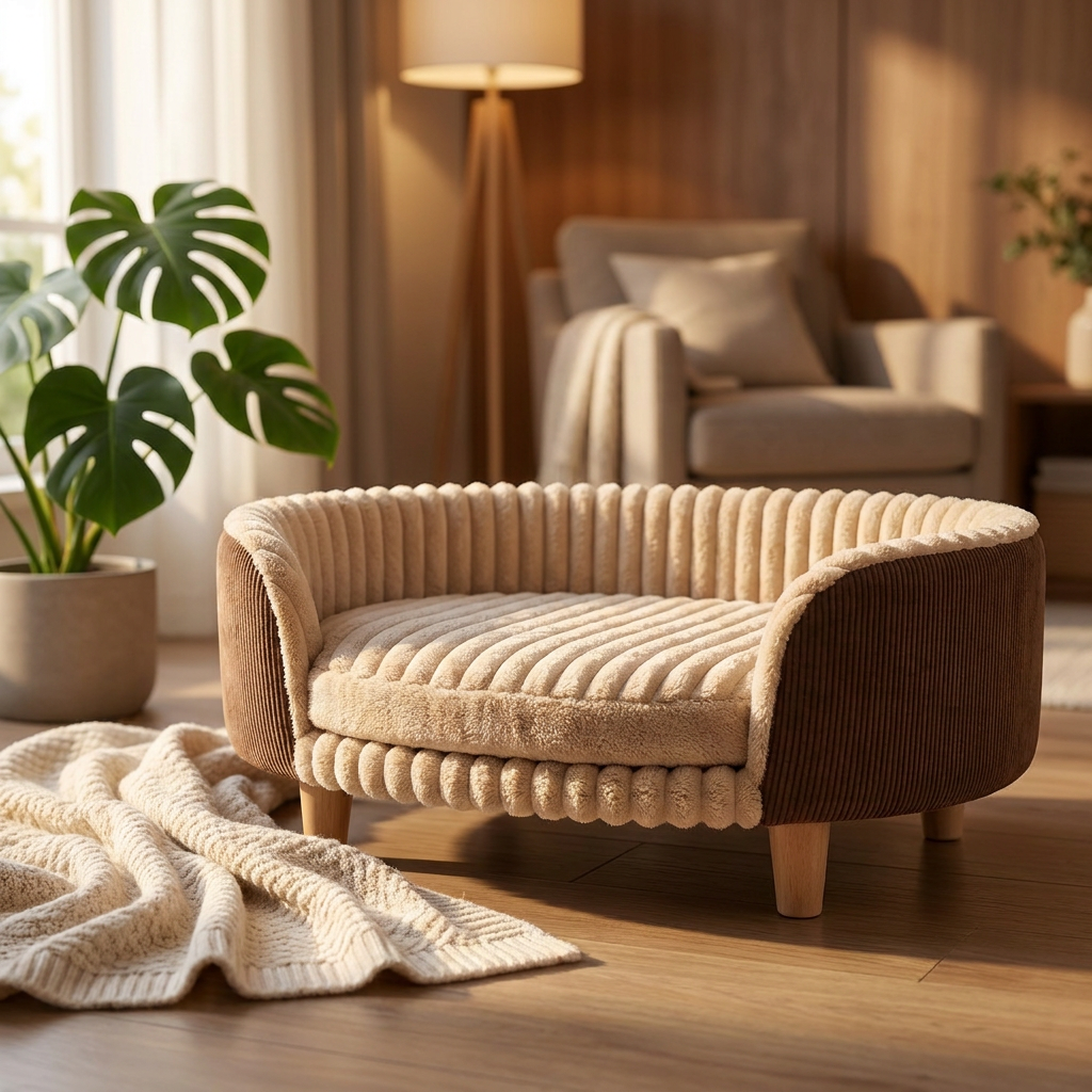Legowisko ortopedyczne sofa dla kota XL 63 cm, sztruks z pianką, na nóżkach – brązowe