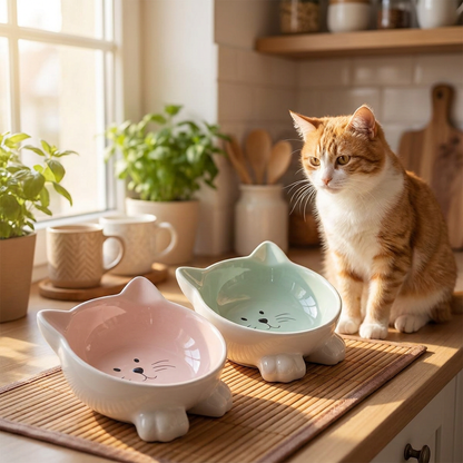 Navaris ceramiczne miski dla kota z uszami 2 szt. – antypoślizgowe, 100 ml, różowe