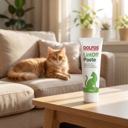 Dolfos LintOff Paste pasta odkłaczająca dla kotów 100 g – na kule włosowe, ze słodem