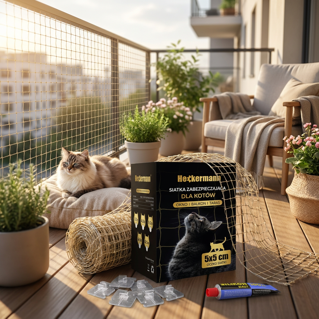 Heckermann Siatka na balkon dla kota 2x3 m z metalowym przeplotem, montaż bez wiercenia – beżowa
