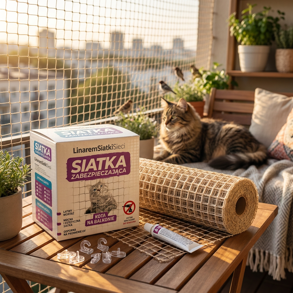 Linarem SiatkiSieci Siatka na balkon dla kota 4x2 m bez wiercenia, z klejem i zaczepami – beżowa