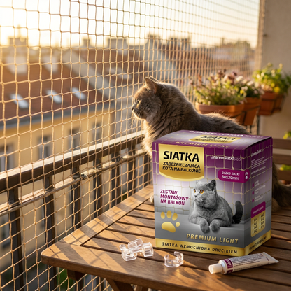 Linarem Siatka na balkon dla kota 5x2 m wzmocniona drucikiem, UV, bez wiercenia – beżowa