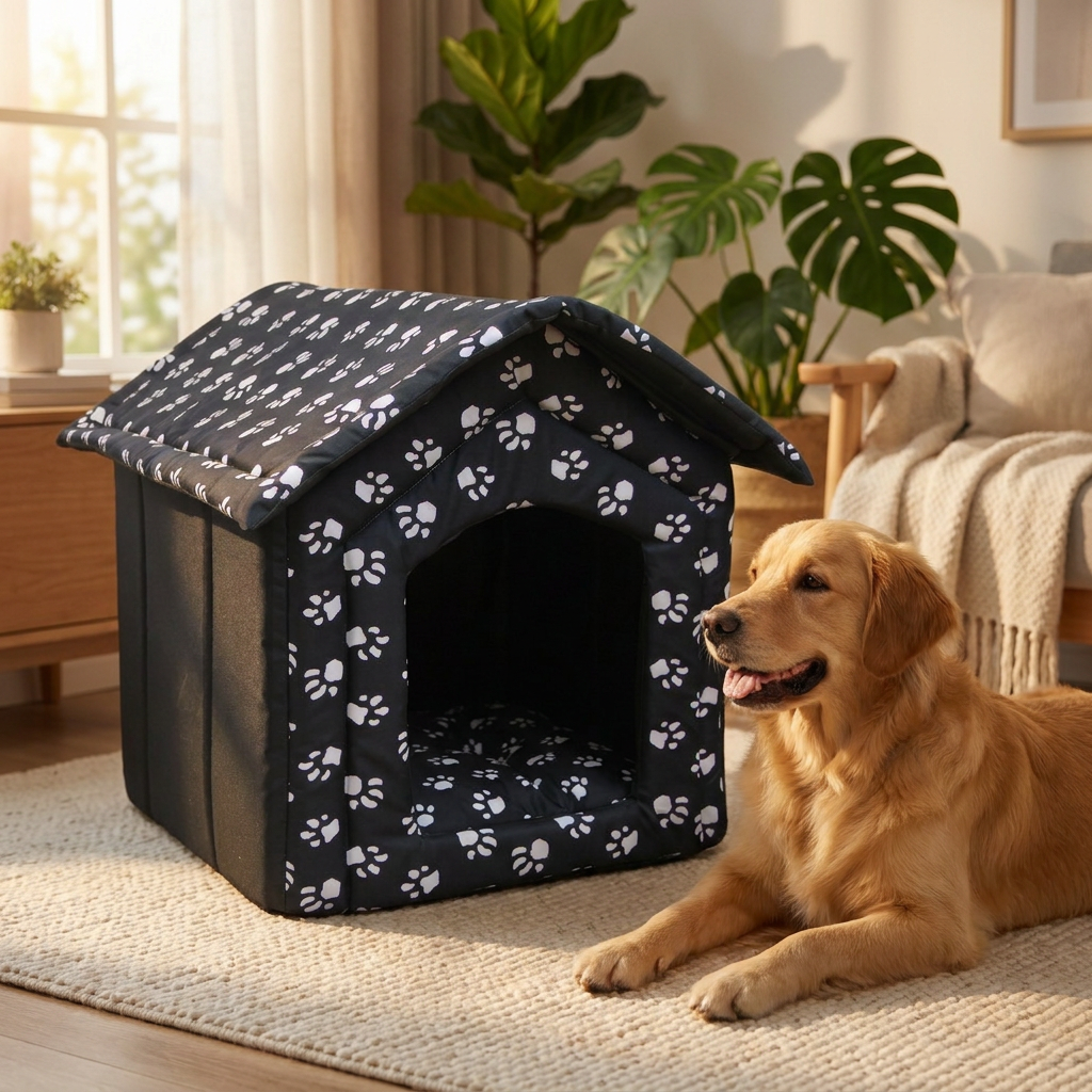 Buda dla psa do domu, legowisko domek XXL 60 x 57 x 64 cm z poduszką – biało-czarna