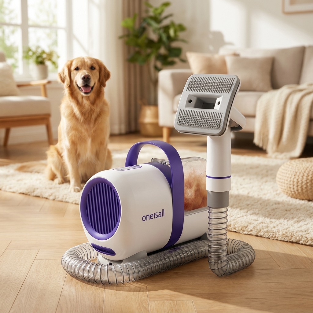 Oneisall Odkurzacz do pielęgnacji sierści psa i kota LM5 300 W – 4 końcówki, zbiornik 1,5 l