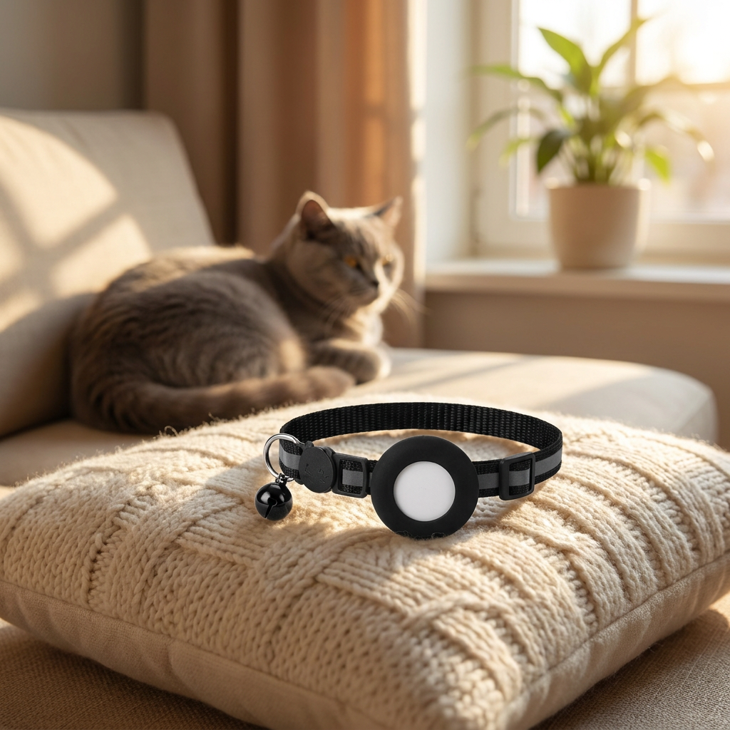 FindTag Obroża z lokalizatorem Bluetooth dla kota i psa, odblaskowa, 22-35 cm – czarna