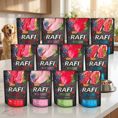 RAFI Karma mokra dla psa bezzbożowa 40 x 300 g – saszetki dla dorosłych psów, mix smaków
