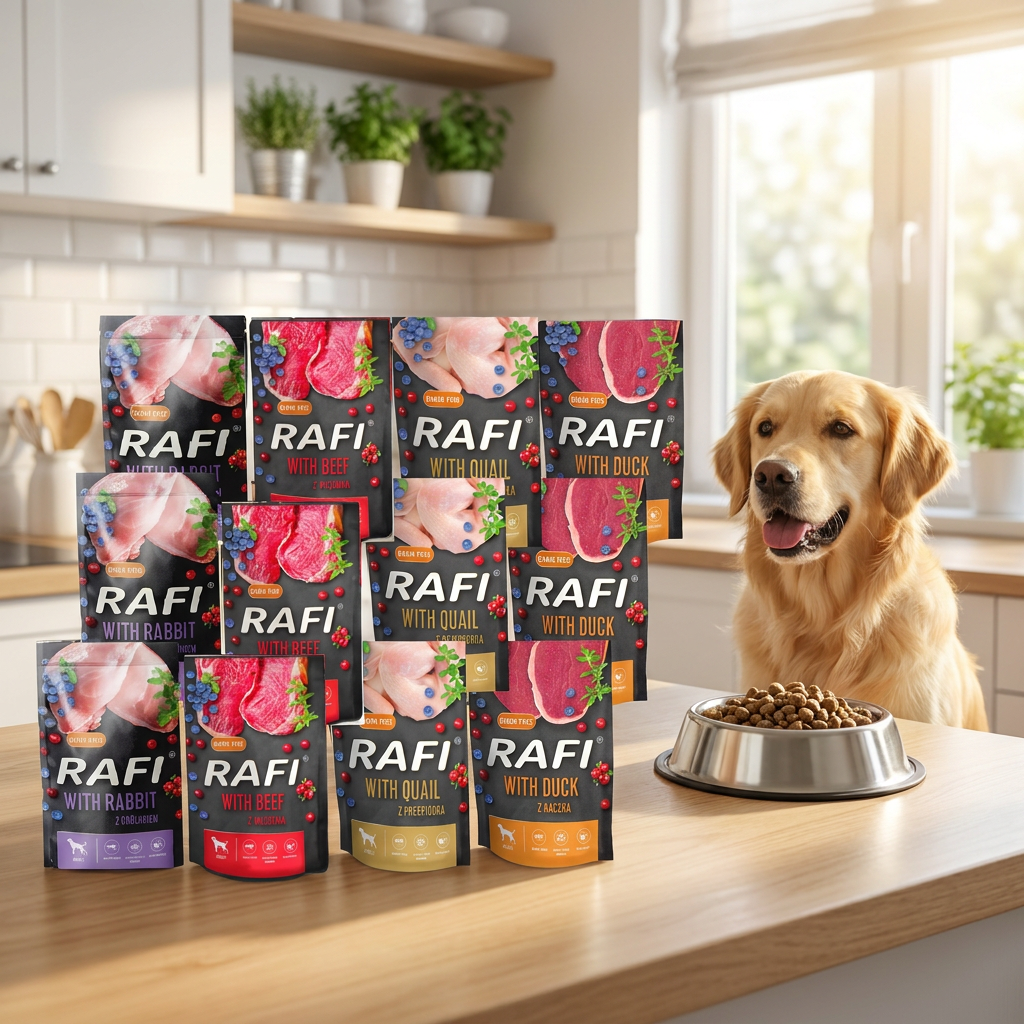 Rafi mokra karma dla psa bezzbożowa – mix 4 smaków, 20 saszetek po 500 g