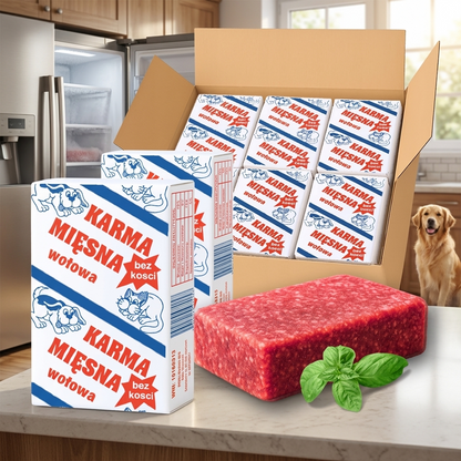 Mięso mrożone dla psa BARF 10 kg, 40 kostek po 250 g, bez zbóż – wołowina